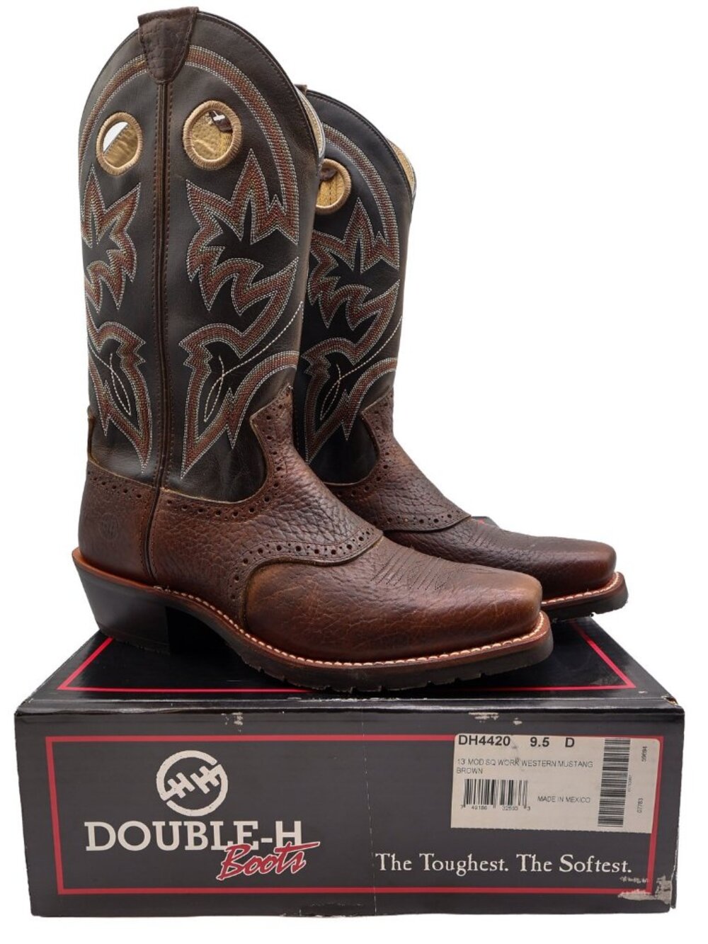 Vintage Double-H Boots Mens 9.5 D Brown Leather 13" Mod Sq Work Western DH4420 N